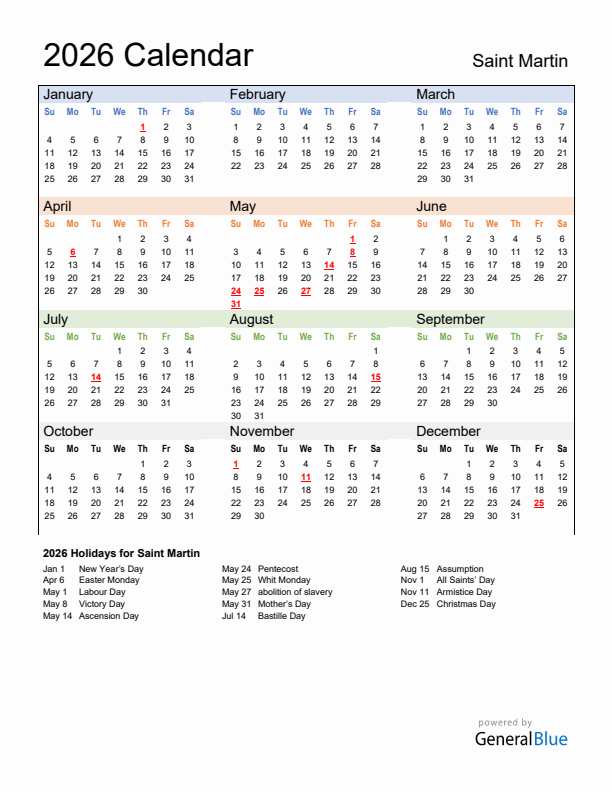 Calendar 2026 with Saint Martin Holidays