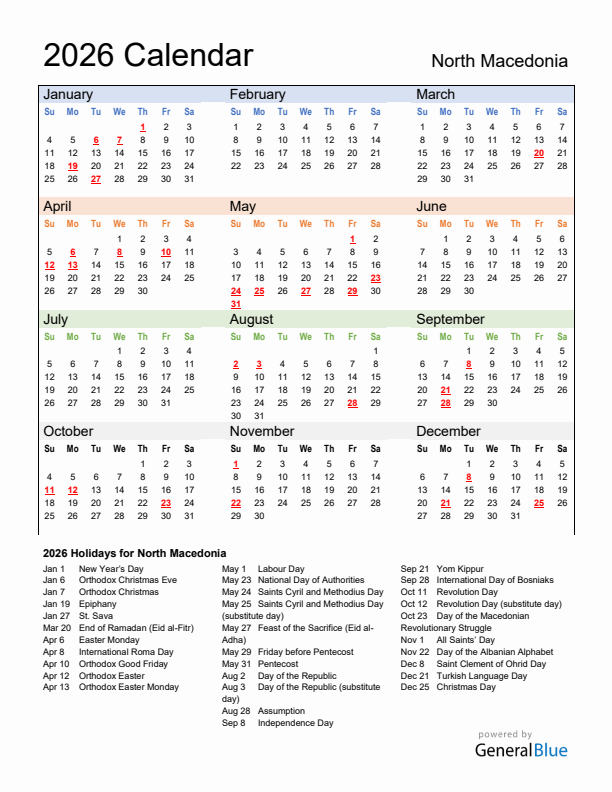 Calendar 2026 with North Macedonia Holidays