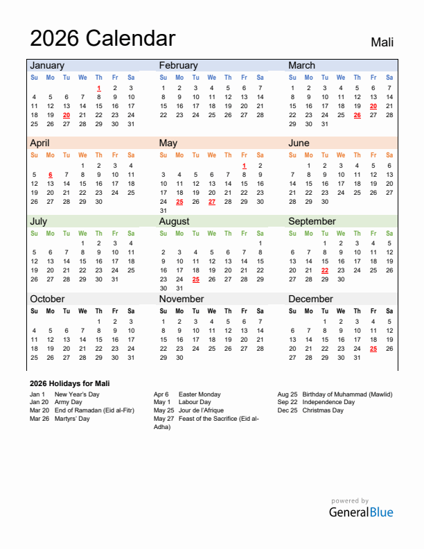 Calendar 2026 with Mali Holidays