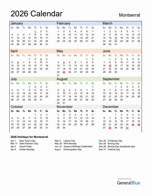 Calendar 2026 with Montserrat Holidays