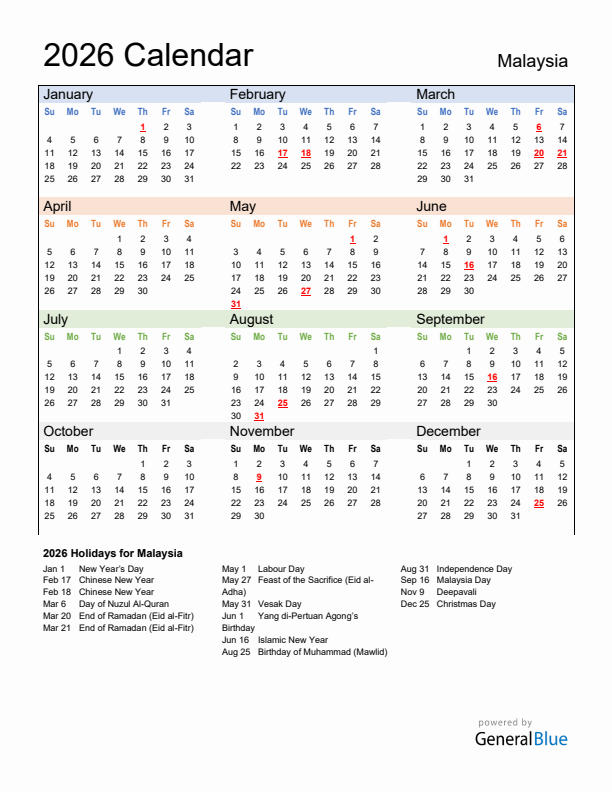 Calendar 2026 with Malaysia Holidays
