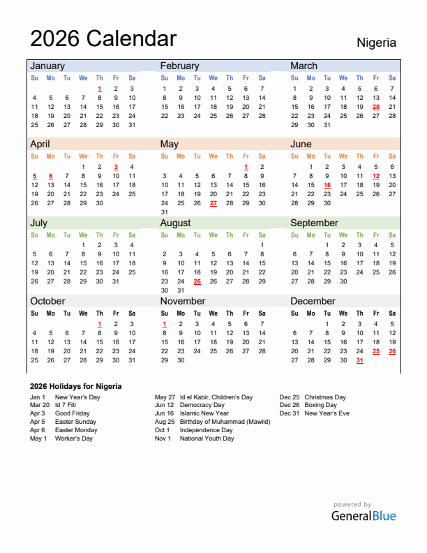 Calendar 2026 with Nigeria Holidays