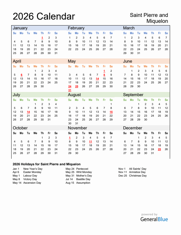 Calendar 2026 with Saint Pierre and Miquelon Holidays