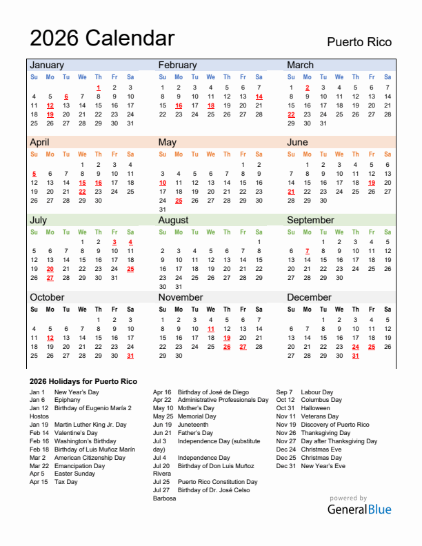 Calendar 2026 with Puerto Rico Holidays