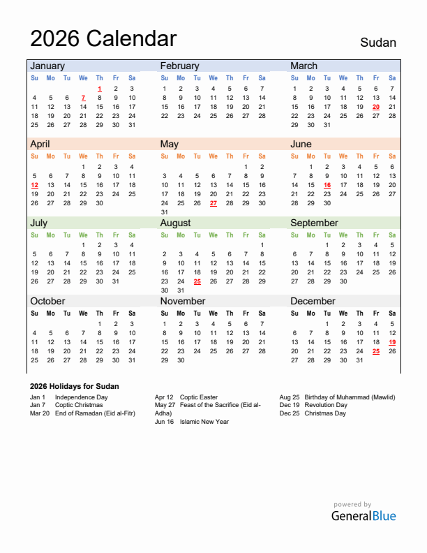 Calendar 2026 with Sudan Holidays