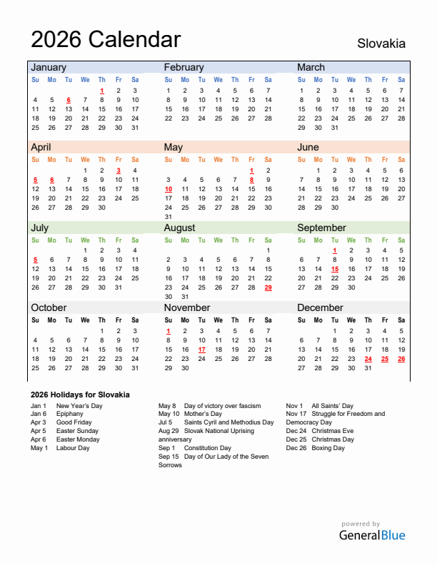 Calendar 2026 with Slovakia Holidays