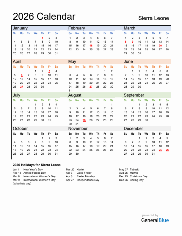 Calendar 2026 with Sierra Leone Holidays