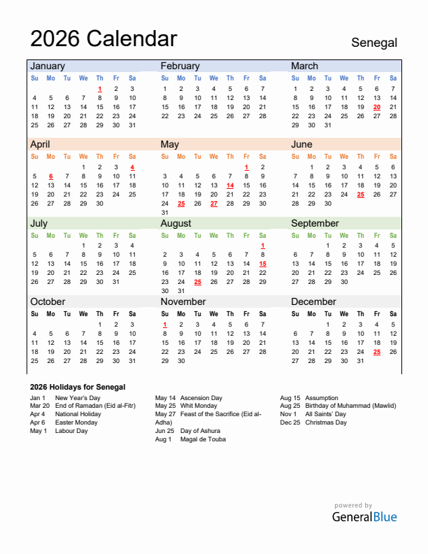 Calendar 2026 with Senegal Holidays