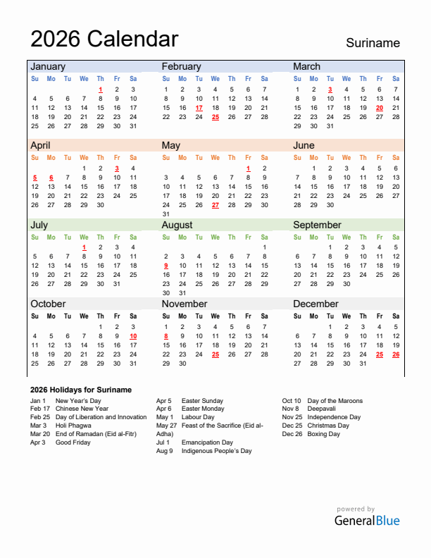 Calendar 2026 with Suriname Holidays
