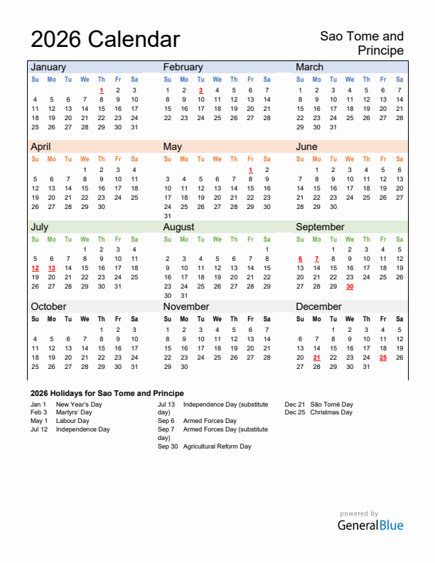 Calendar 2026 with Sao Tome and Principe Holidays