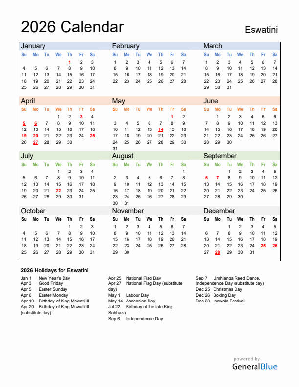 Calendar 2026 with Eswatini Holidays