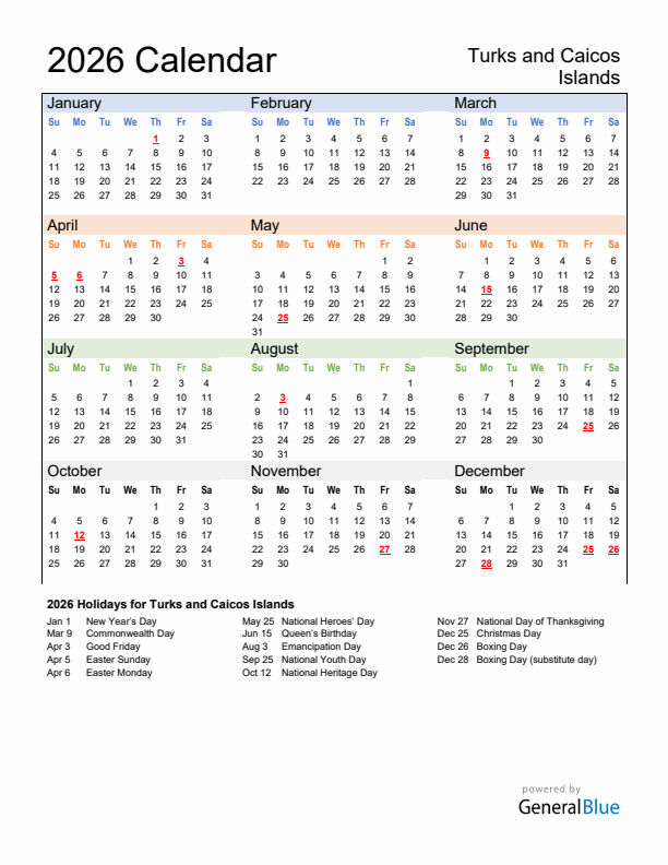 Calendar 2026 with Turks and Caicos Islands Holidays