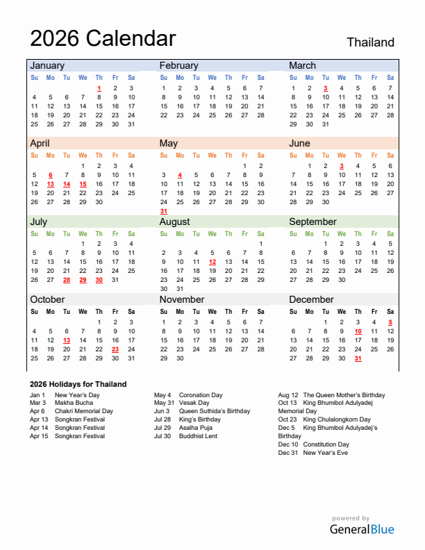 Calendar 2026 with Thailand Holidays