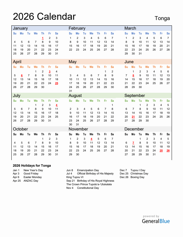 Calendar 2026 with Tonga Holidays