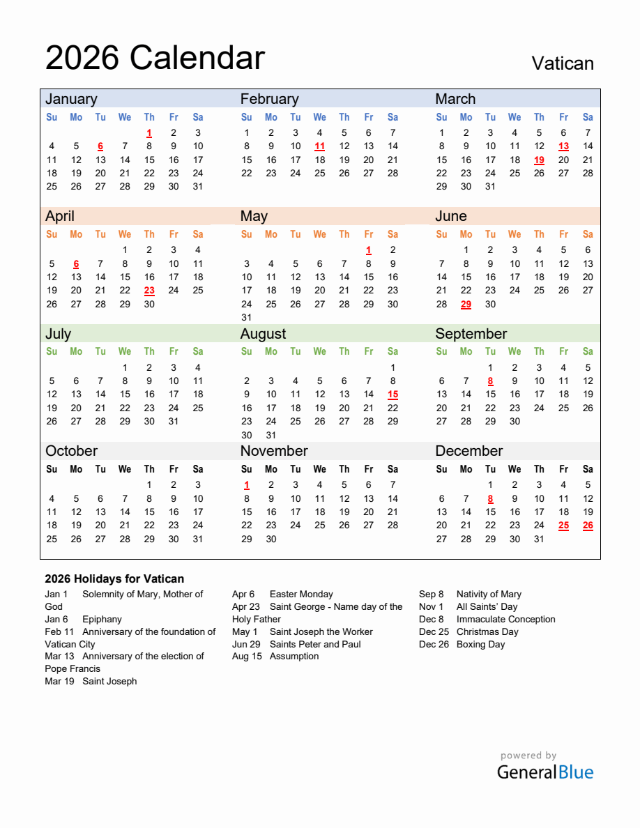 Annual Calendar 2026 with Vatican Holidays