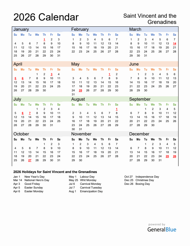 Calendar 2026 with Saint Vincent and the Grenadines Holidays