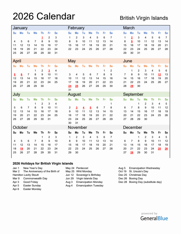 Calendar 2026 with British Virgin Islands Holidays
