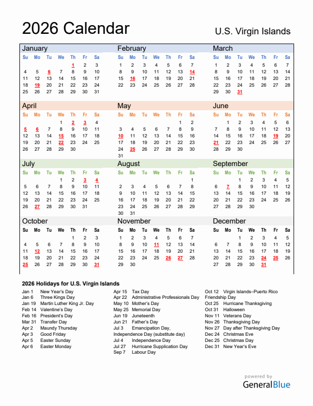 Calendar 2026 with U.S. Virgin Islands Holidays