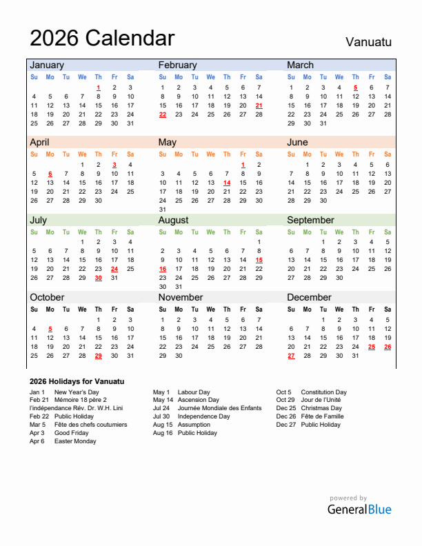 Calendar 2026 with Vanuatu Holidays