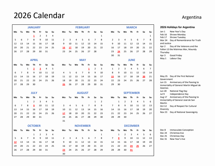 2026 Calendar with Holidays for Argentina