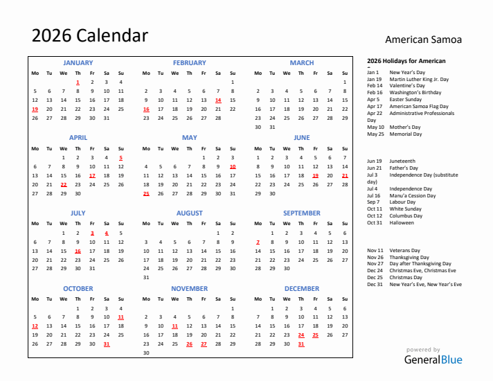 2026 Calendar with Holidays for American Samoa