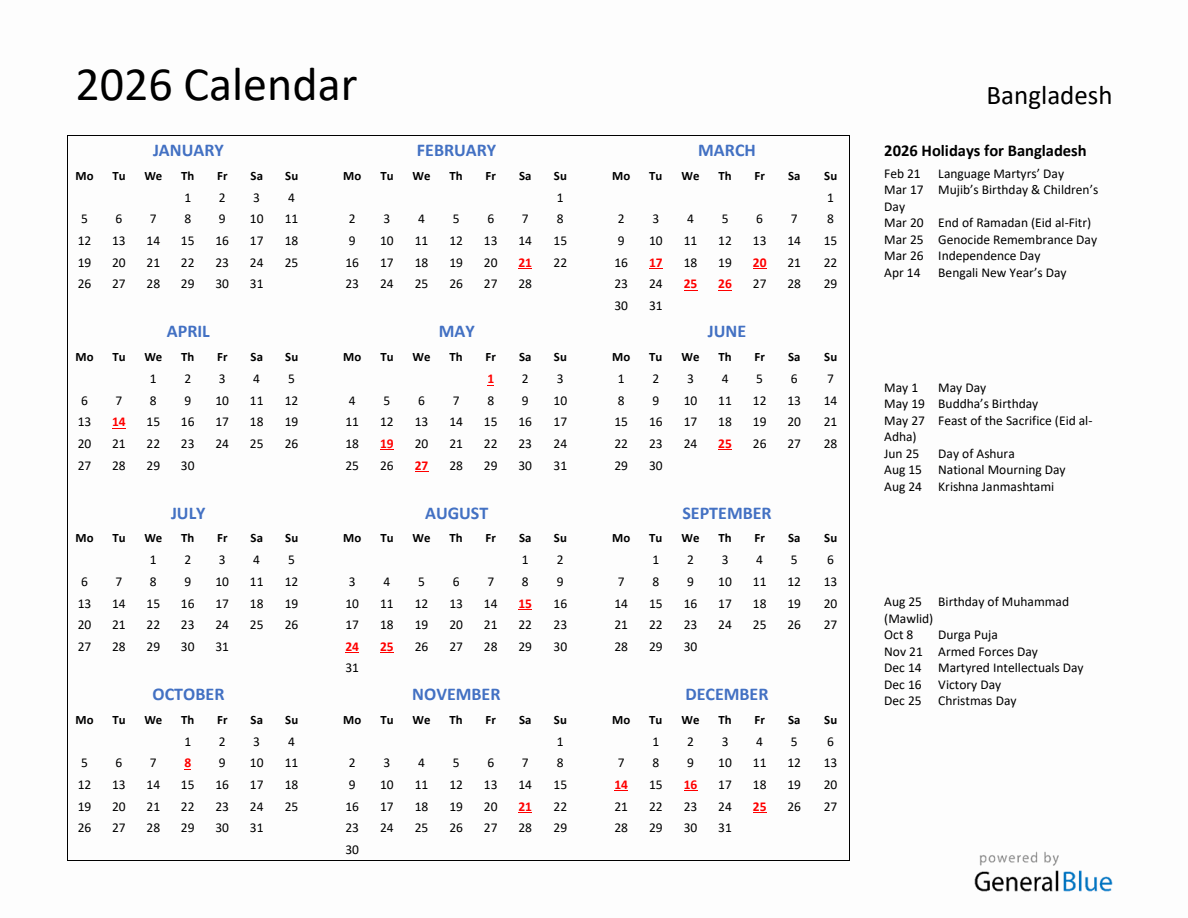 2026 Calendar with Holidays for Bangladesh