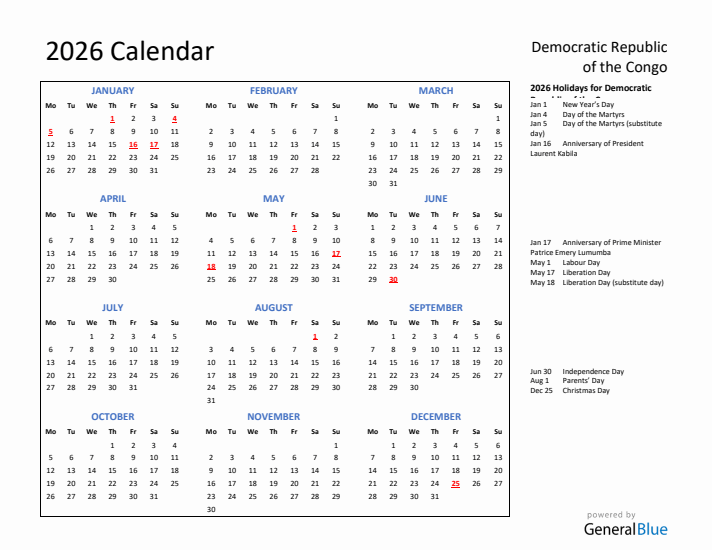 2026 Calendar with Holidays for Democratic Republic of the Congo
