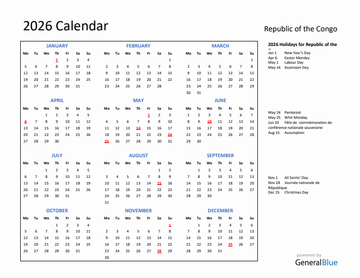 2026 Calendar with Holidays for Republic of the Congo