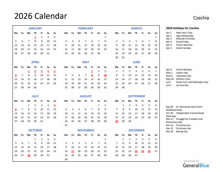2026 Calendar with Holidays for Czechia