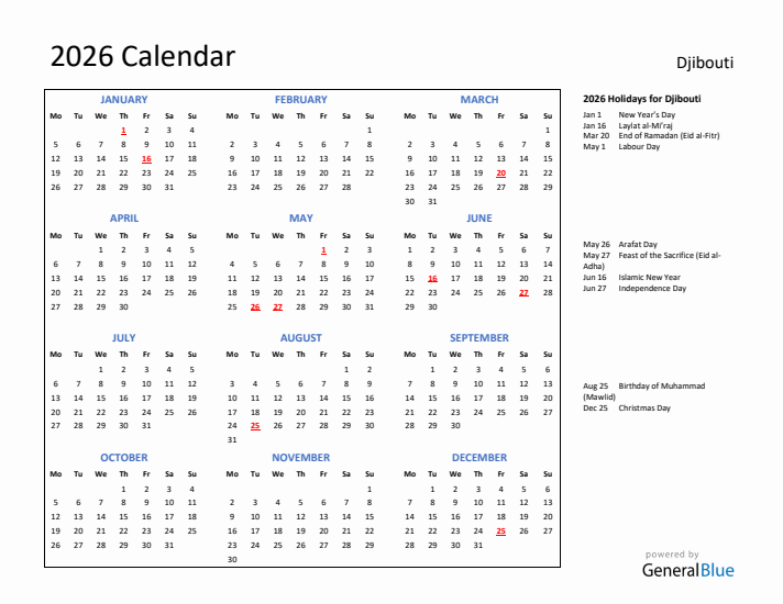 2026 Calendar with Holidays for Djibouti