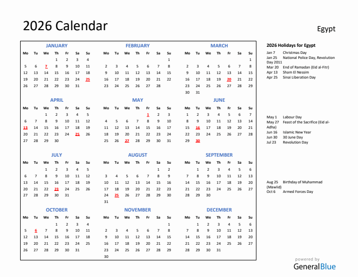 2026 Calendar with Holidays for Egypt