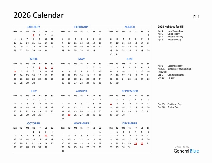 2026 Calendar with Holidays for Fiji