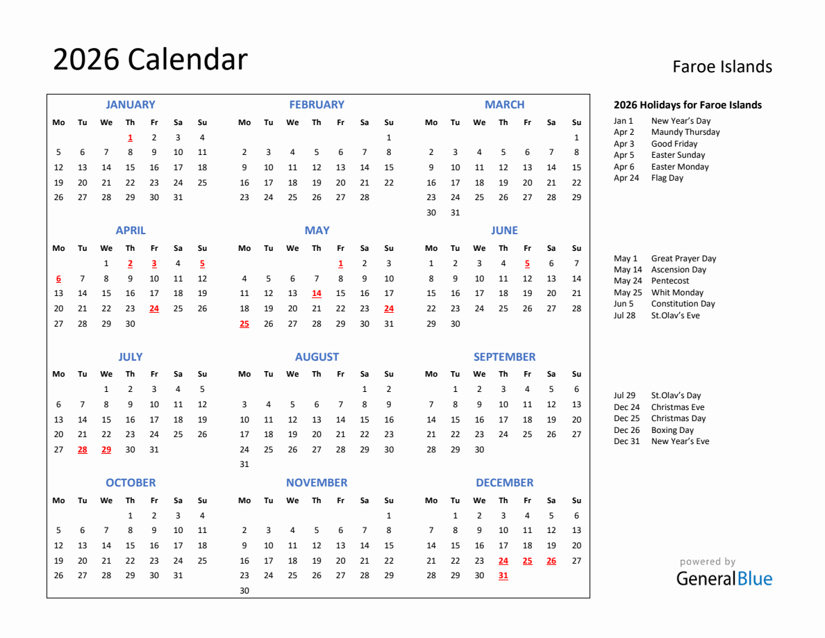 2026 Calendar with Holidays for Faroe Islands - Monday Start