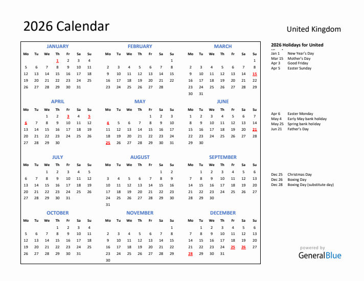 Year 2026 Simple Calendar With Holidays In United Kingdom Monday Start