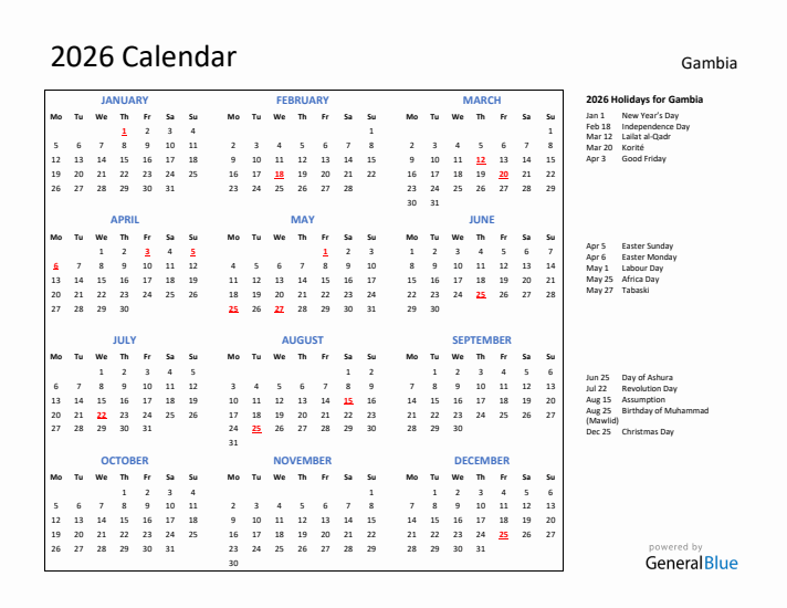 2026 Calendar with Holidays for Gambia