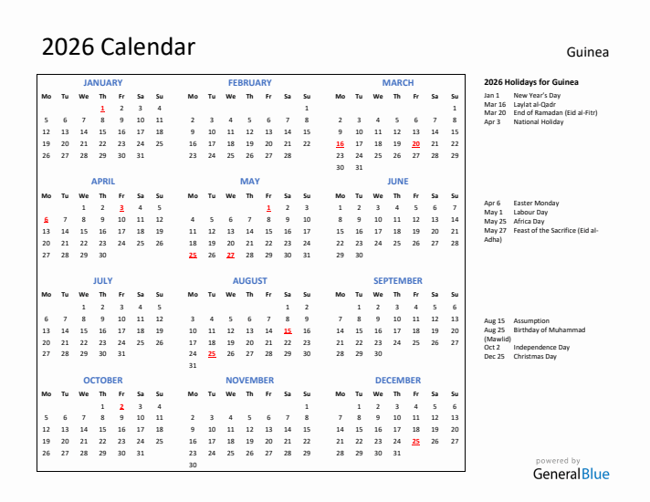 2026 Calendar with Holidays for Guinea