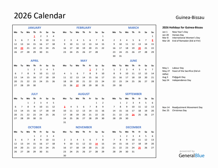 2026 Calendar with Holidays for Guinea-Bissau