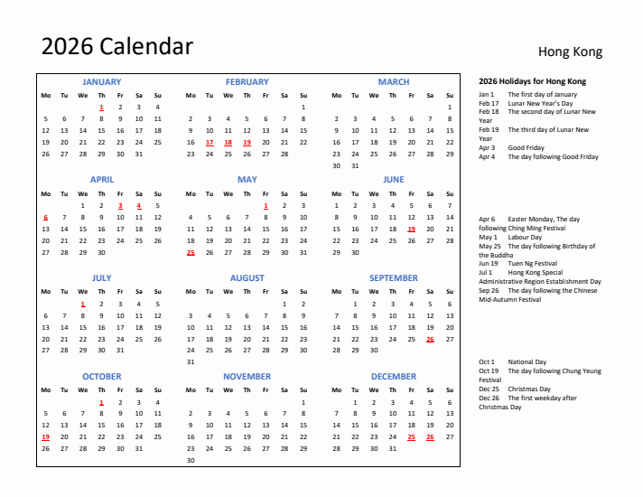2026 Calendar with Holidays for Hong Kong