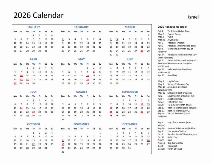 2026 Calendar with Holidays for Israel