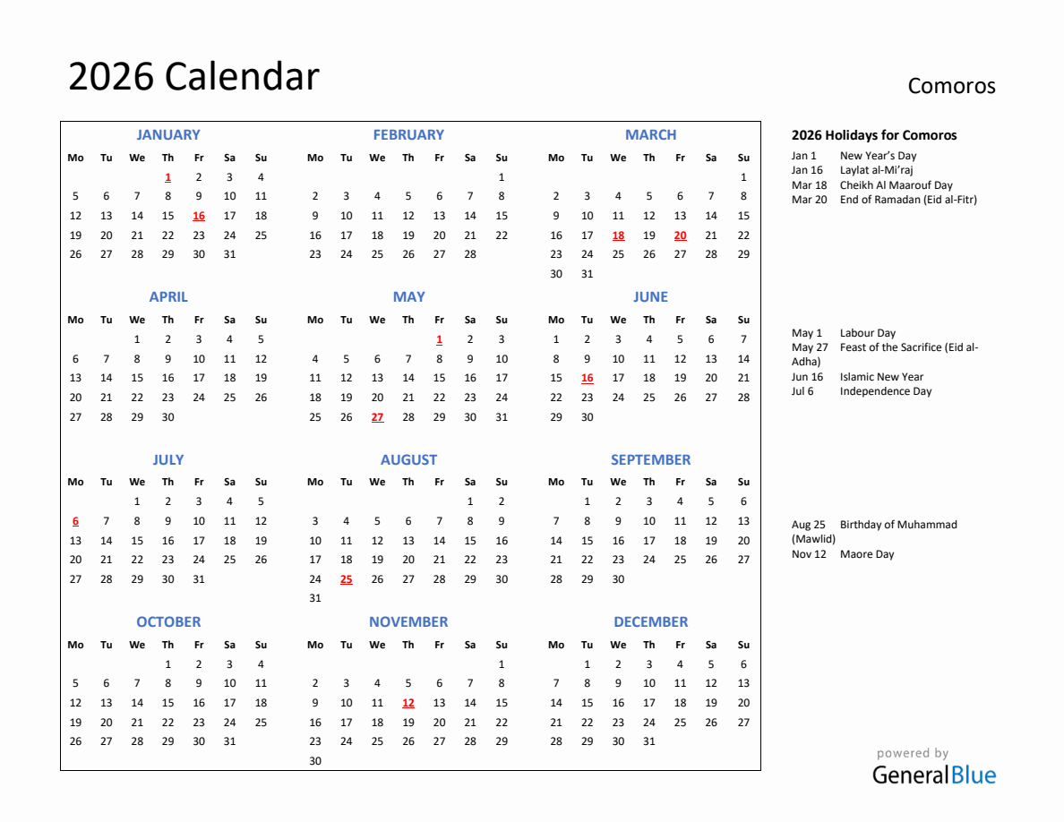 2026 Calendar with Holidays for Comoros - Monday Start