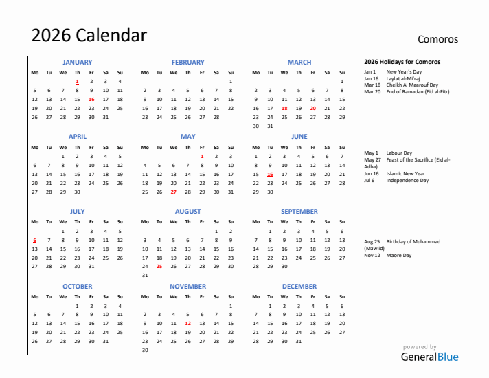2026 Calendar with Holidays for Comoros