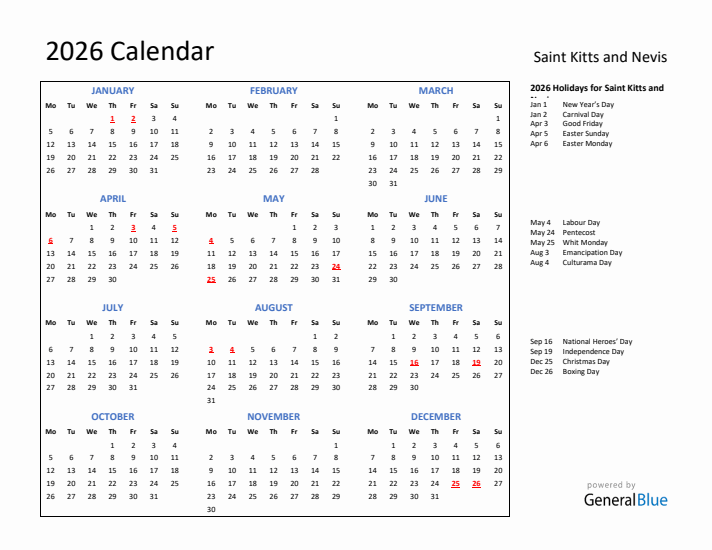 2026 Calendar with Holidays for Saint Kitts and Nevis