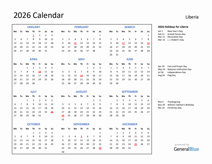 2026 Calendar with Holidays for Liberia