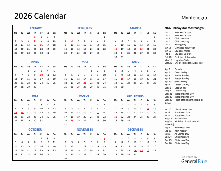 2026 Calendar with Holidays for Montenegro