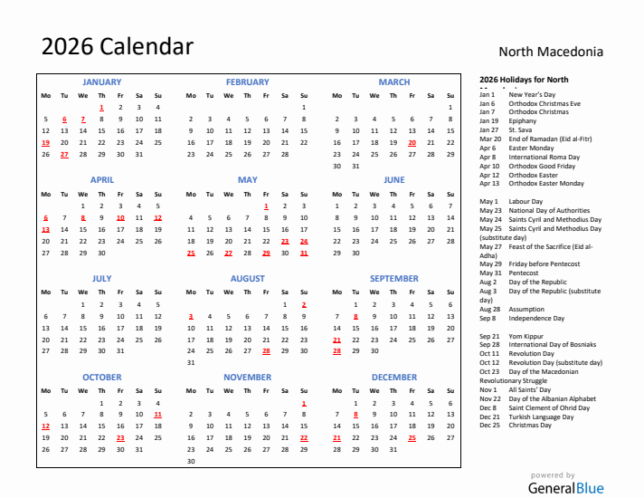 2026 Calendar with Holidays for North Macedonia