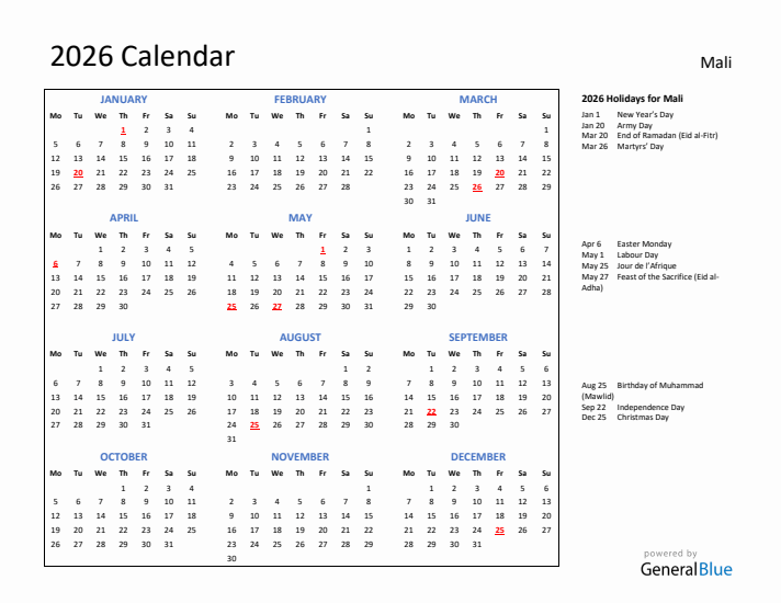 2026 Calendar with Holidays for Mali