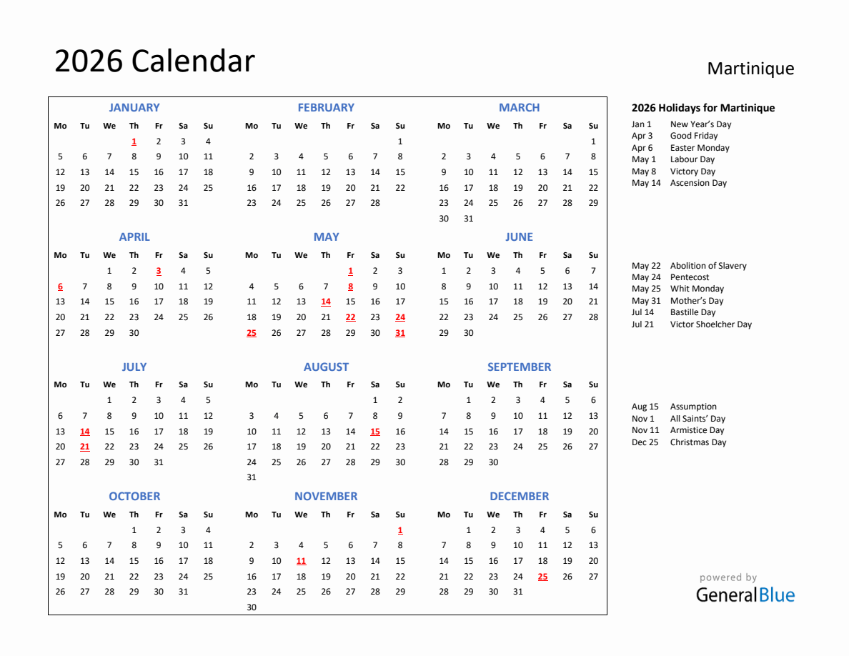 2026 Calendar with Holidays for Martinique - Monday Start