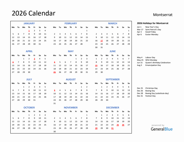 2026 Calendar with Holidays for Montserrat