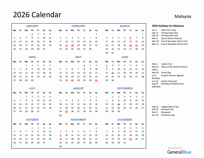 2026 Calendar with Holidays for Malaysia