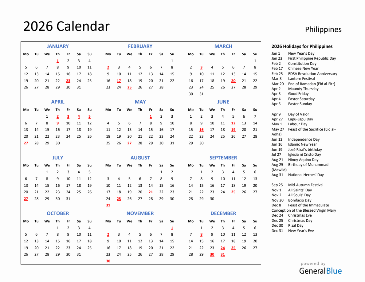 2026 Calendar with Holidays for Philippines
